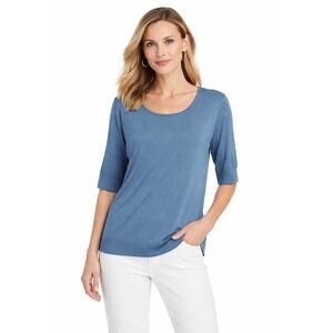 Lafayette 148 New York Blue Viscose Blend Elbow Sleeve Knit Top Sweater Large